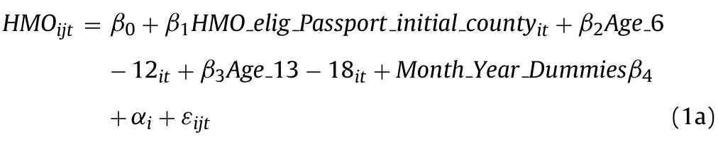 Equation 1a. HMO enrollment is modeled with an intercept, Passport eligibility based on initial county, age groups 6–12 and 13–18, month-year dummies, an individual effect and an error.