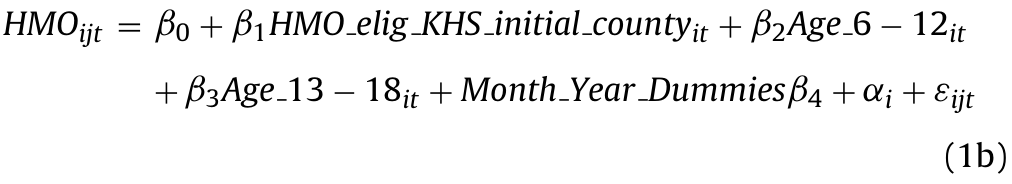 Equation 1b. HMO enrollment is modeled with KHS eligibility based on initial county, age groups, month-year dummies, an individual effect and an error, paralleling the Passport first stage.