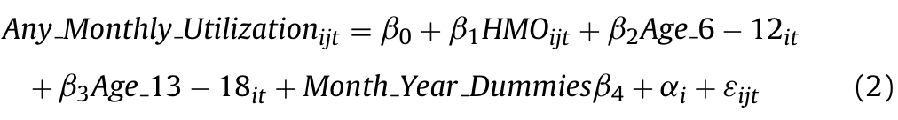 Equation 2. Any monthly health-care utilization is modeled as a function of HMO enrollment, two child age indicators, month-year effects, an individual effect and an error.