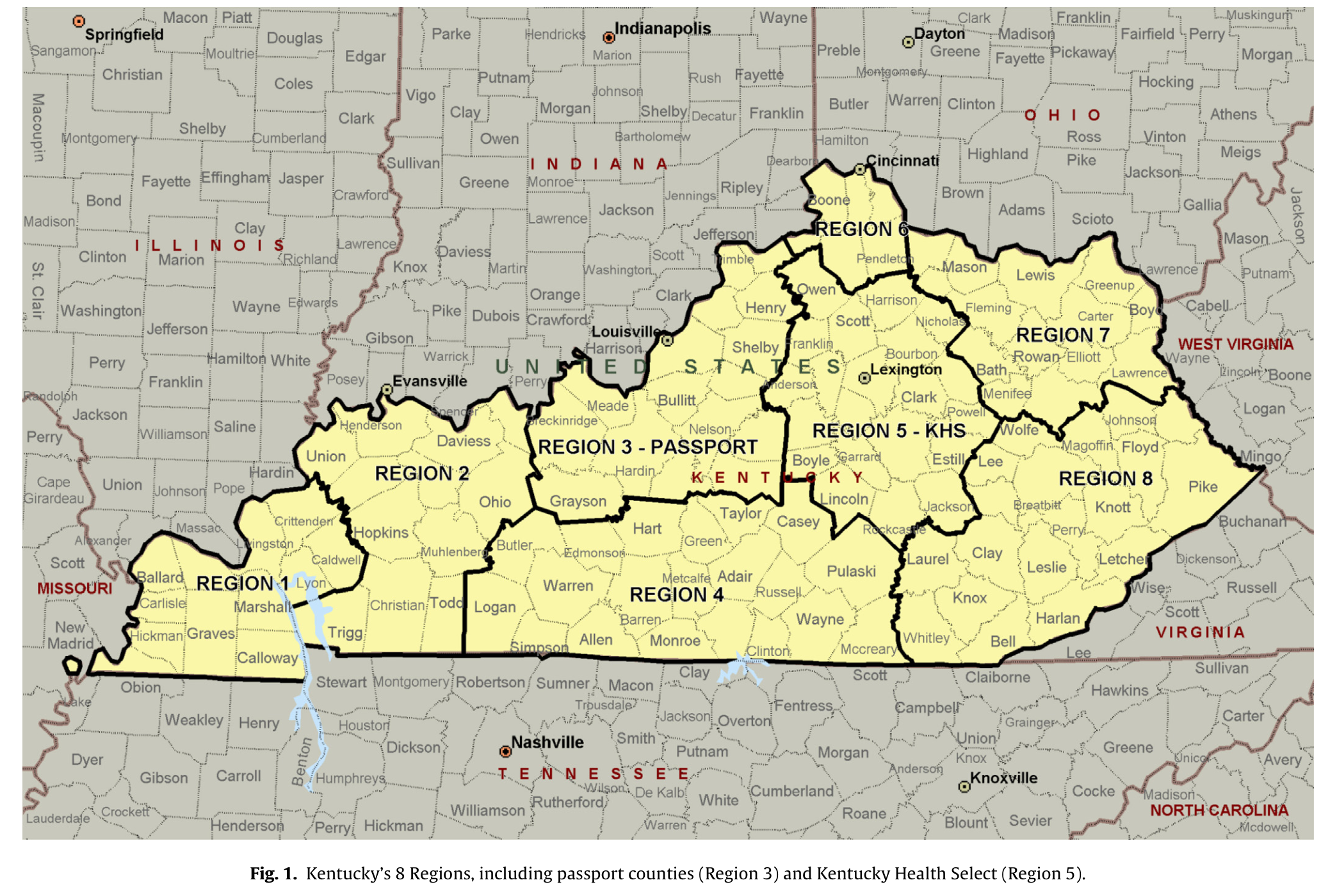 Figure 1. Kentucky county map with all eight Medicaid regions outlined and numbered. Region 3 around Louisville is Passport; Region 5 around Lexington is Kentucky Health Select.