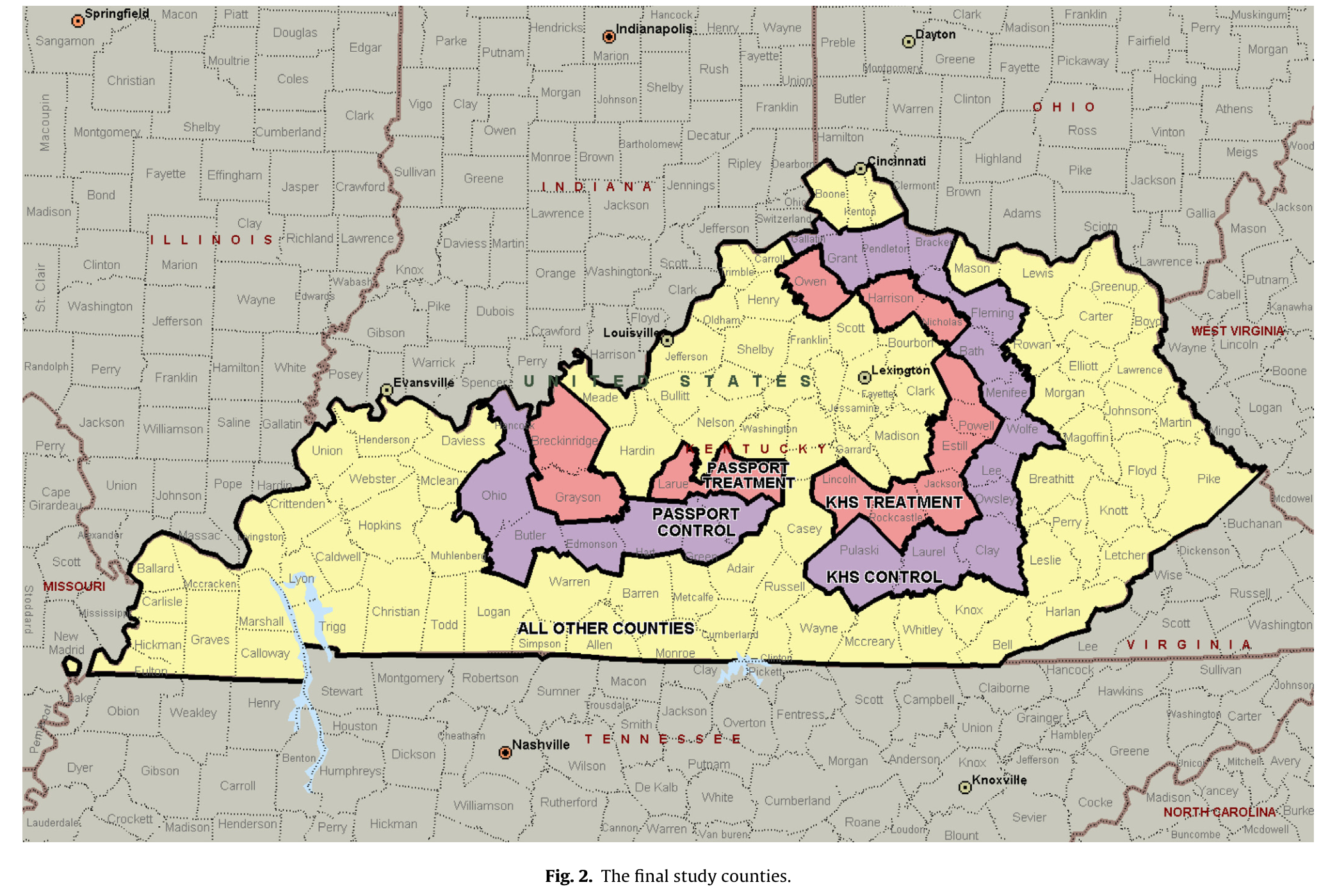 Figure 2. Kentucky county map identifying the final study counties. Pink areas are Passport and KHS treatment counties, purple areas are their controls, and all other counties are yellow; county labels and boundaries are visible.